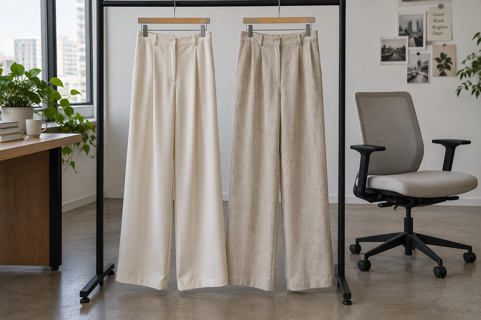 Two pairs of wide-leg summer work trousers displayed side by side in an office setting for a neutral fabric comparison.