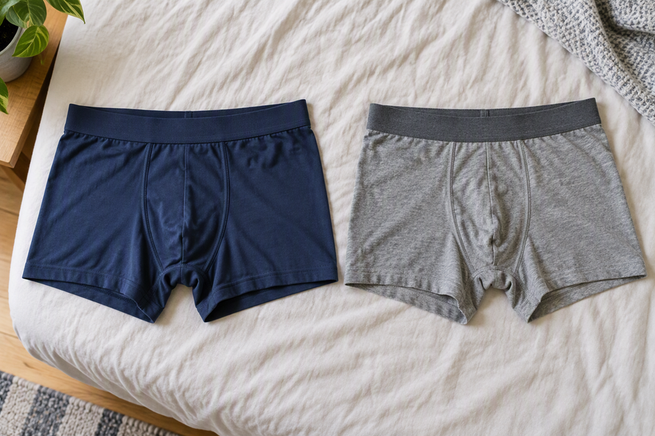 Two pairs of men's boxer underwear laid side by side for a neutral comparison of everyday options.