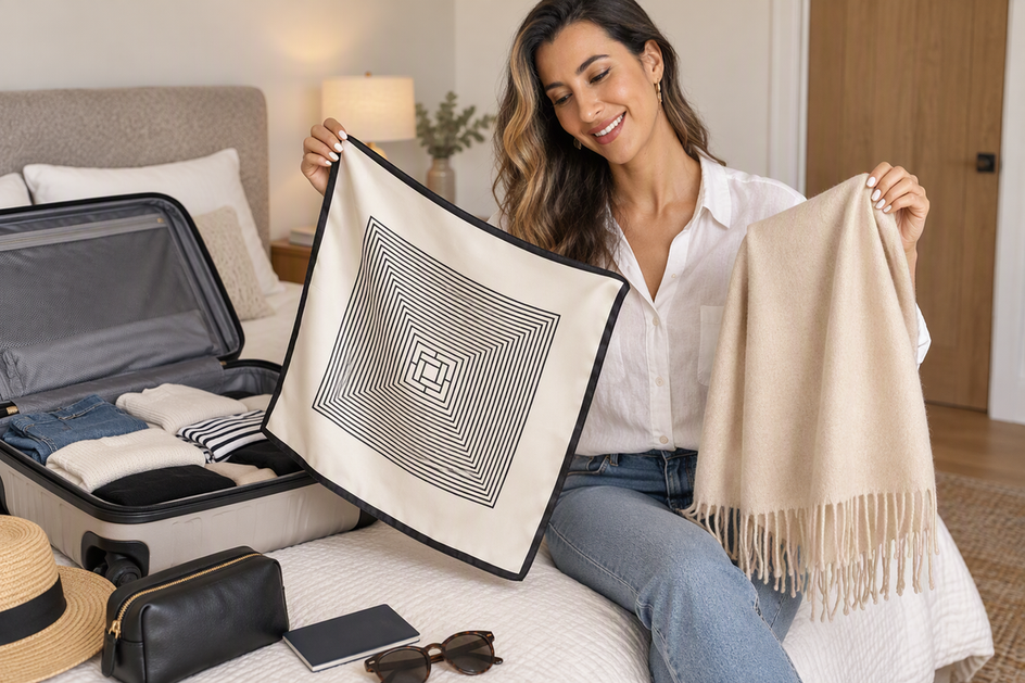 A traveler considers a printed silk square and a cashmere scarf beside an open carry-on.