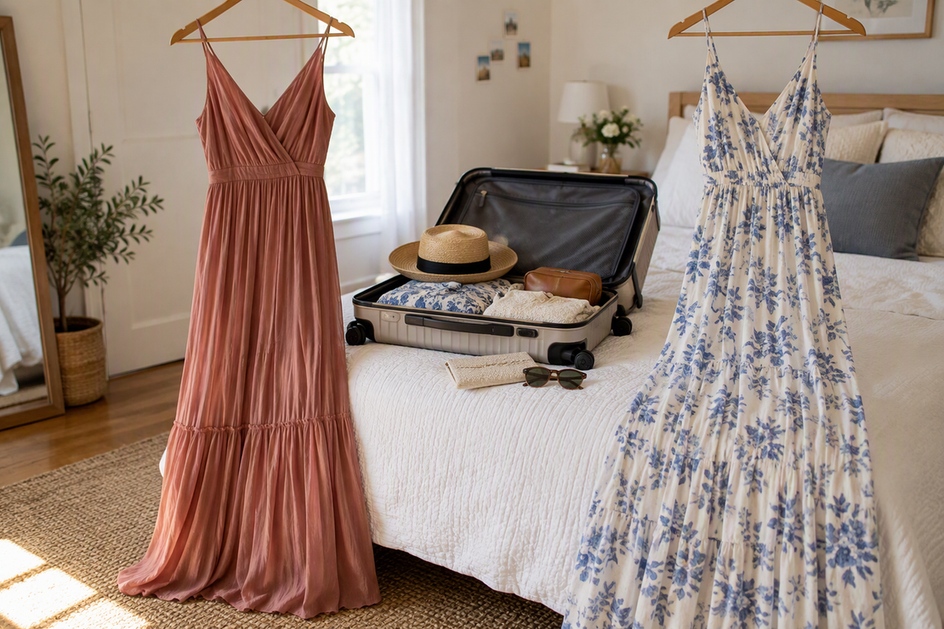 Two maxi dresses beside an open carry-on, illustrating a silk-versus-cotton-poplin choice for a summer wedding trip.
