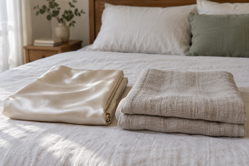 Two contrasting folded bedding fabrics sit side by side on a neutral bed, showing differences in sheen and visible texture.
