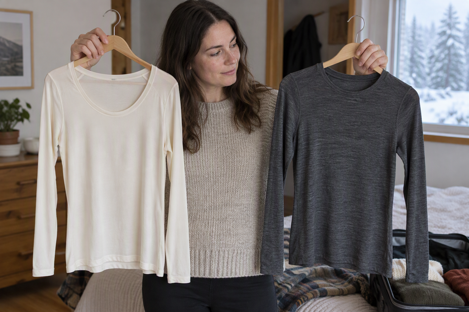 A shopper compares two unbranded thermal base-layer tops while getting ready for winter, with no winner implied.