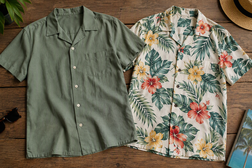 Two men’s short-sleeve camp-collar shirts laid side by side for a summer style comparison.