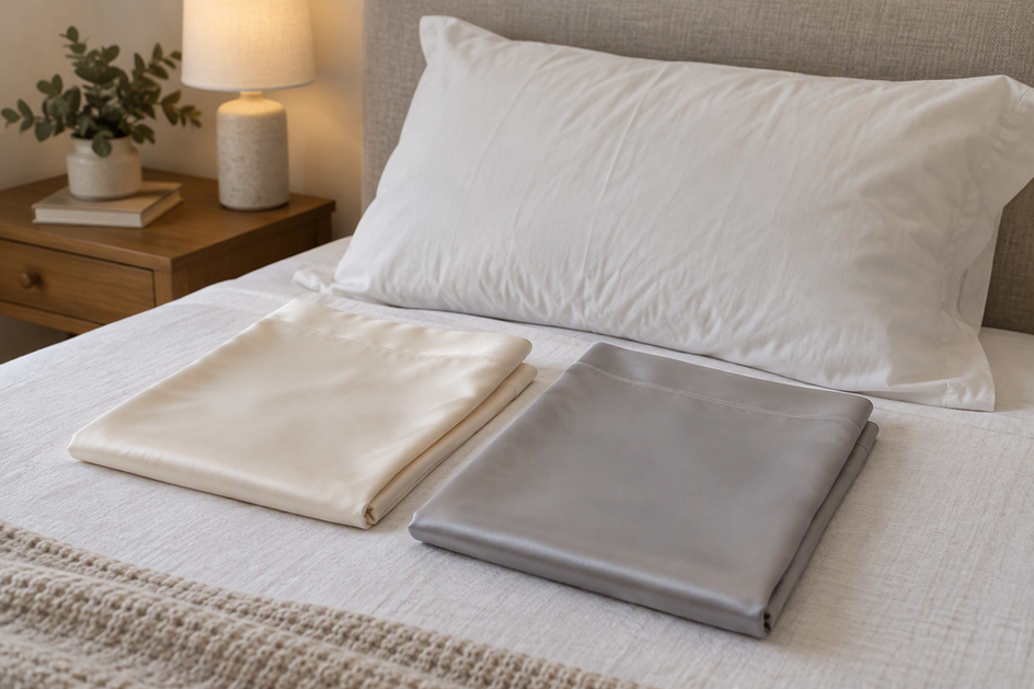 Two unbranded pillowcases arranged beside a pillow in a neutral bedroom, illustrating a bedding comparison.