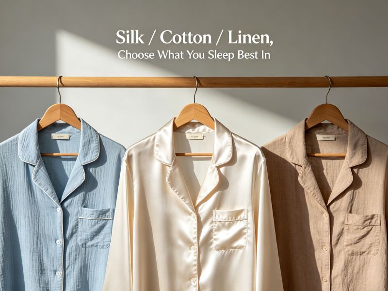 A comparison of hanging blue cotton, white silk, and brown linen pajamas tops.