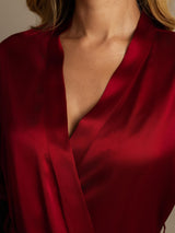 Red Mulberry silk women's robe with V-neck wrap front and smooth satin finish
