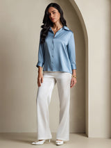[Grayish Blue] SilkSilky  3/4 Sleeve Lapel Collar Women's Shirts 005