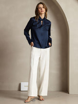 [Dark Blue] SilkSilky  19Momme Silk Keyhole Neck Women's Shirt 008