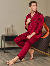 [Red] SilkSilky  Long Sleeve Lapel Collar Men's Pajamas 006