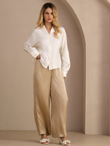 [White] SilkSilky Long Sleeve Split Women's Blouse 007