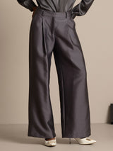 Gray silk-wool blend high waist wide-leg pants with pleats and side pockets