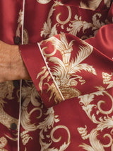 Men's red silk dragon print pajama sleeve with notch collar detail
