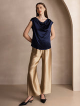 [Dark Blue] SilkSilky  Cap Sleeve Cowl Neck Women's T-Shirt 008