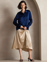 [Dark Blue] SilkSilky  Long Sleeve Lapel Collar Women's Shirts 003