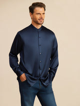[Dark Blue] SilkSilky Long Sleeve Stand Collar Men''s Shirt 006
