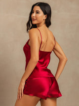 [Wine] SilkSilky  Spaghetti Strap V Neck Camisole Set 002