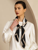 Black and beige silk ribbon square scarf styled with white blouse