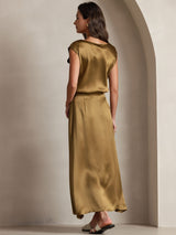 Golden silk A-line maxi skirt with side zip, back view