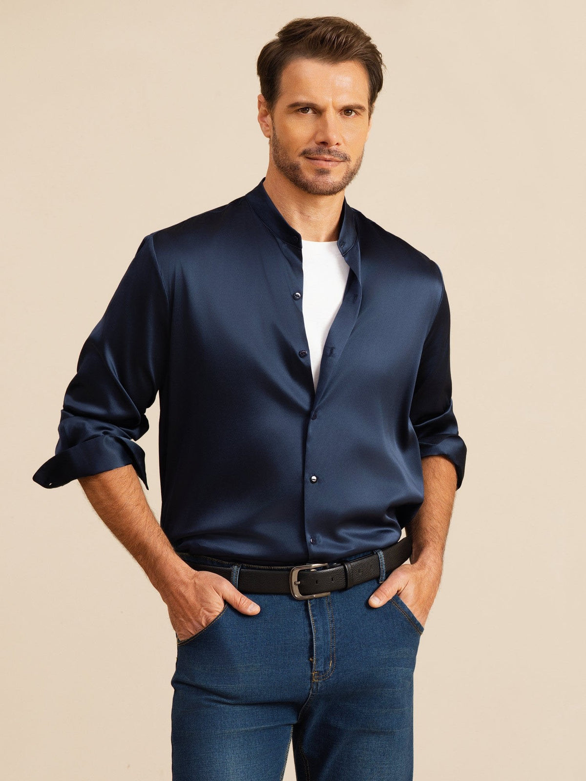 [Dark Blue] SilkSilky Long Sleeve Stand Collar Men''s Shirt 001