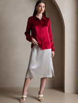 Deep red long sleeve silk blouse with lapel collar and concealed buttons
