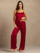 Deep red washable silk camisole and wide-leg pants set with adjustable straps