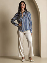 [Navy Stripe] SilkSilky  Long Sleeve Lapel Collar Women's Shirt 009