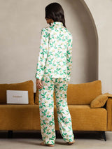 [Green Floral] SilkSilky  Long Sleeve Lapel Collar Women's Pajamas 003
