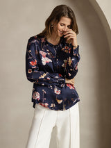 [Navy Floral] SilkSilky  Long Sleeve Lapel Collar Women's Shirt 005