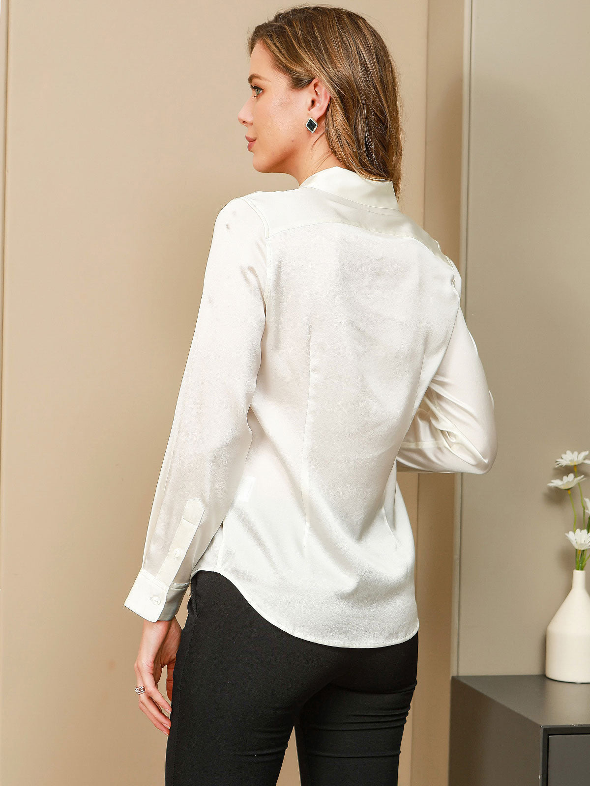 [White] SilkSilky  Long Sleeve Lapel Collar Women's Shirts 002