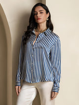 [Navy Stripe] SilkSilky  Long Sleeve Lapel Collar Women's Shirt 003