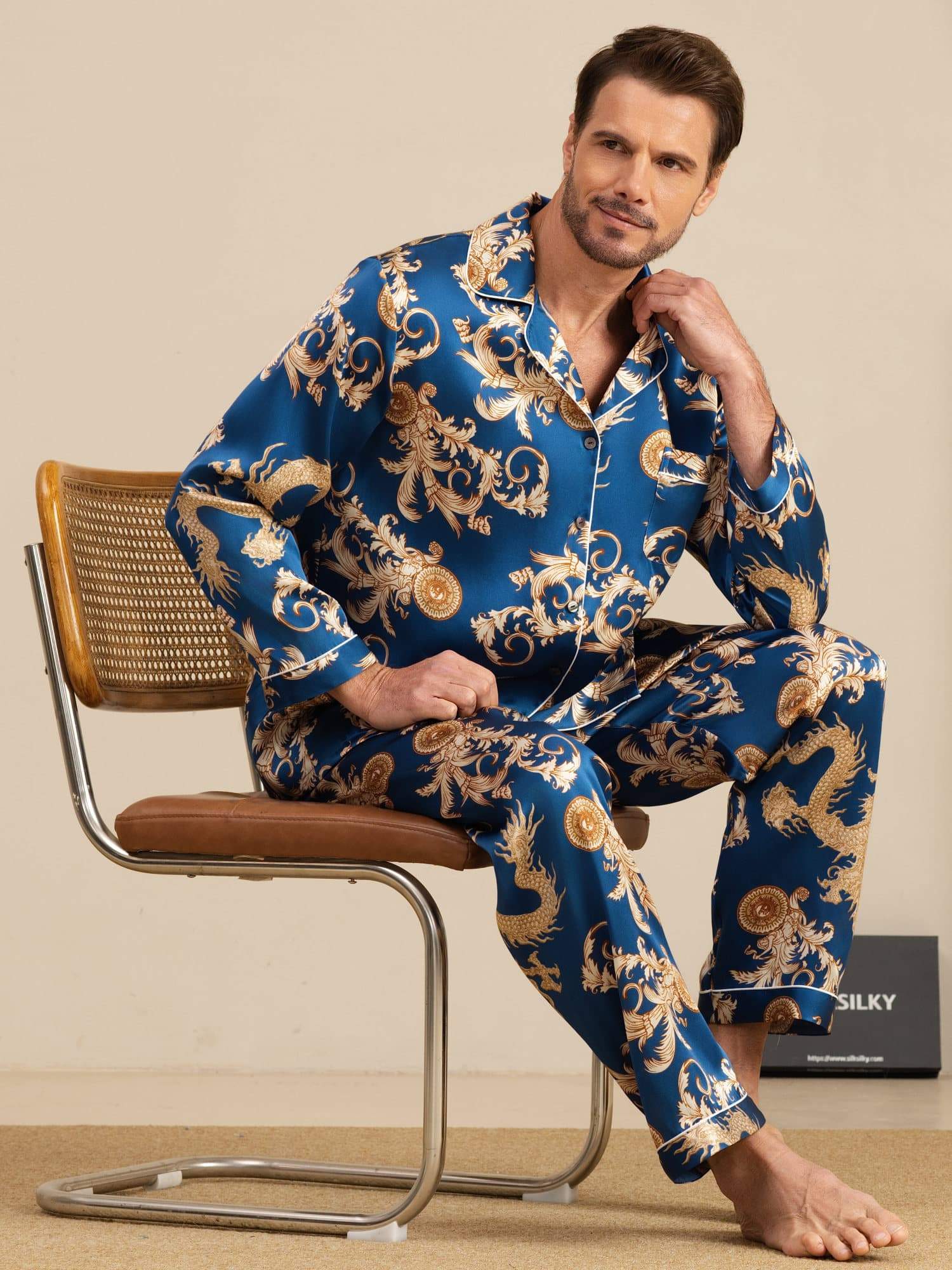 [Navy Dragon] SilkSilky  Long Sleeve Notch Collar Men's Pajamas 001