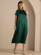 [Dark Green] SilkSilky  Short Sleeve Crew Neck Dress 004