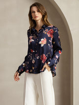 [Navy Floral] SilkSilky  Long Sleeve Lapel Collar Women's Shirt 004