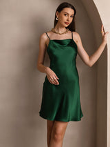 Emerald green mulberry silk spaghetti strap cowl neck short dress