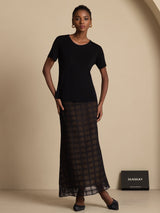 Black pure silk high-waist A-line grid skirt with sheer checkered overlay