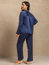[Dark Blue] SilkSilky  19Momme Machine-Washable Silk Long Sleeve Notch Collar Women's Pajamas 002