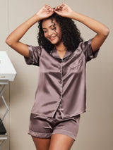 [Coffee] SilkSilky  Short Sleeve Lapel Collar Women's Pajamas 001