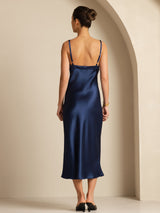 [Dark Blue] SilkSilky Spaghetti Strap V Neck Dress 002