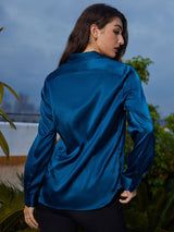 [Teal] SilkSilky  Long Sleeve Lapel Collar Women's Shirts 002
