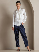 [White] SilkSilky  19Momme Stretch Silk Charmeuse Long Sleeve Tie Neck Blouse 005