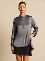 [Dark Gray] SilkSilky  Long Sleeve Stand Collar Blouse 001