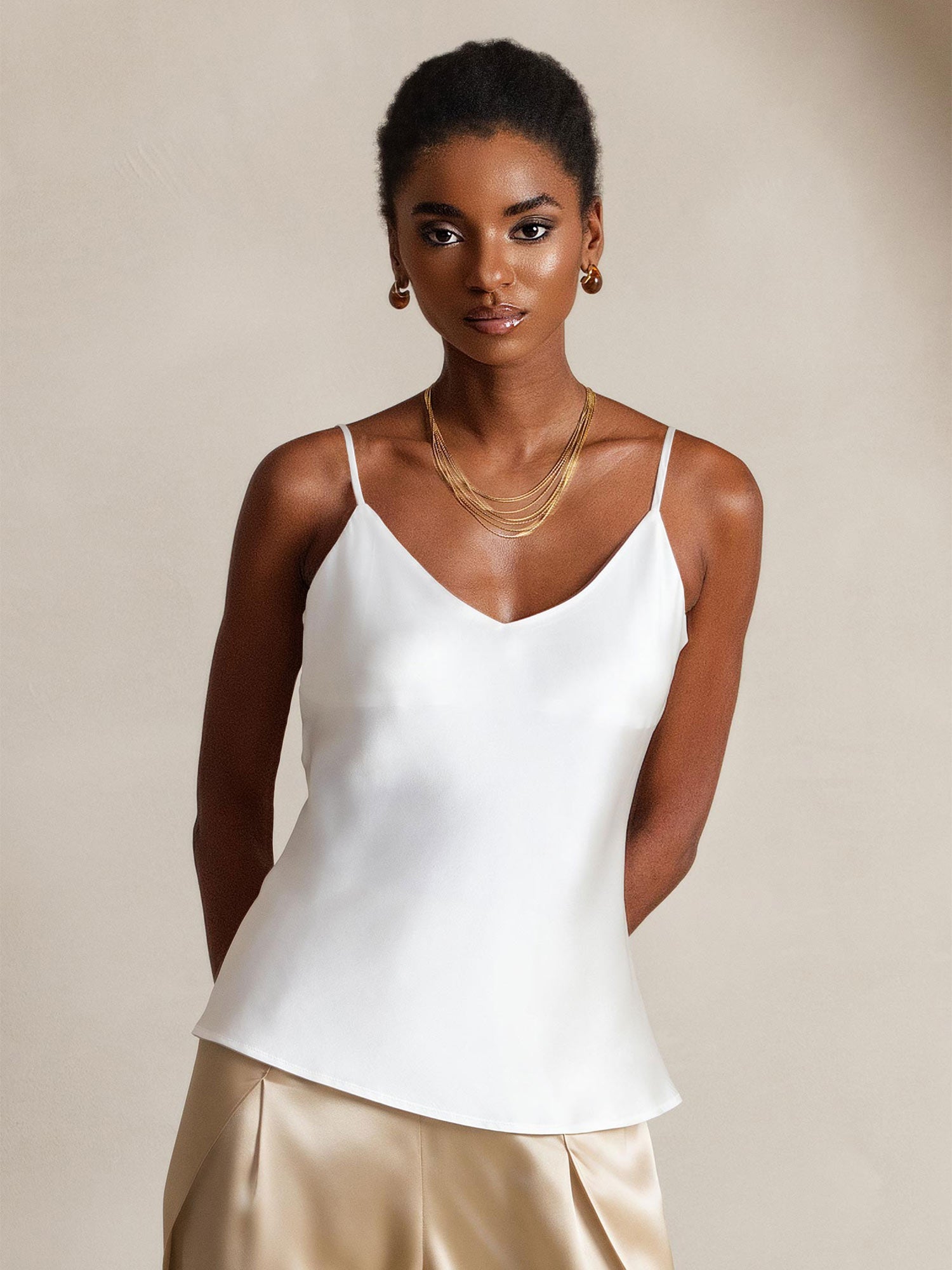 [White] SilkSilky  Spaghetti Strap V Neck Camisole Top 001
