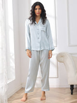 [Light Blue] SilkSilky  Long Sleeve Lapel Collar Women's Pajamas 003