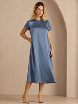 [Real Teal] SilkSilky  Short Sleeve Crew Neck Dress 001