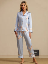 [Light Blue] SilkSilky  Long Sleeve Lapel Collar Women's Pajamas 003