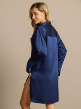 [Dark Blue] SilkSilky  Long Sleeve Lapel Collar Nightshirt 002