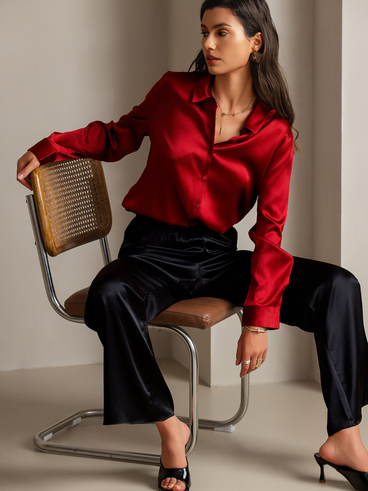[Red] SilkSilky  Long Sleeve Lapel Collar Women's Shirt 001
