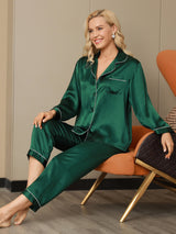 [Green] SilkSilky  Long Sleeve Lapel Collar Women's Pajamas 005