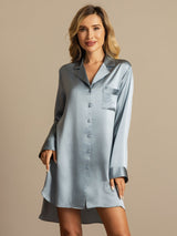 [Grayish Blue] SilkSilky  Long Sleeve Lapel Collar Nightshirt 001