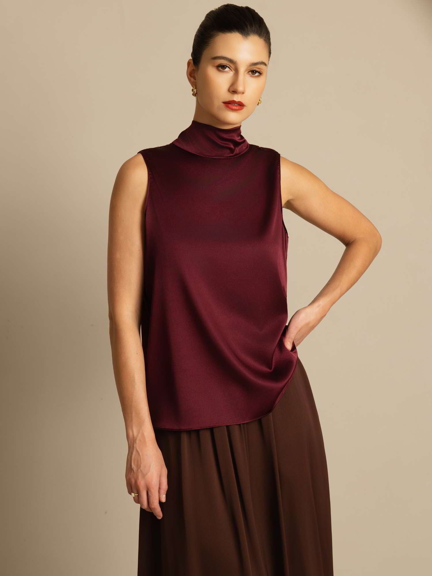 [Dark Red] SilkSilky  Sleeveless Tie Neck Blouse 001